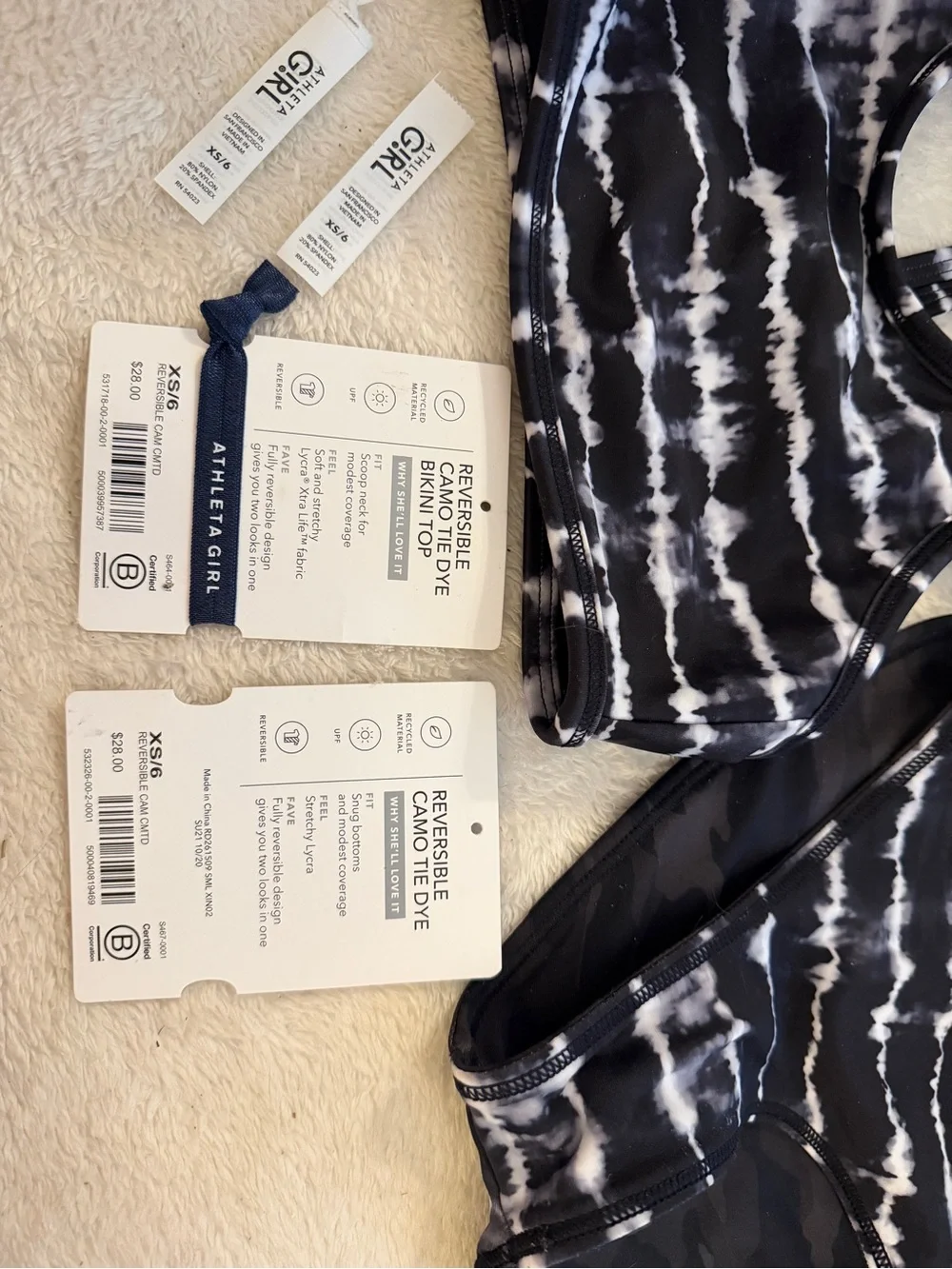 Athleta Girl reversible, camo Black & White Tie-Dye Sports Bikini Set size 6